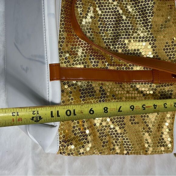 J Francis gold sequins with white and tan faux leather trims tote/shoulder bag. - Picture 9 of 10
